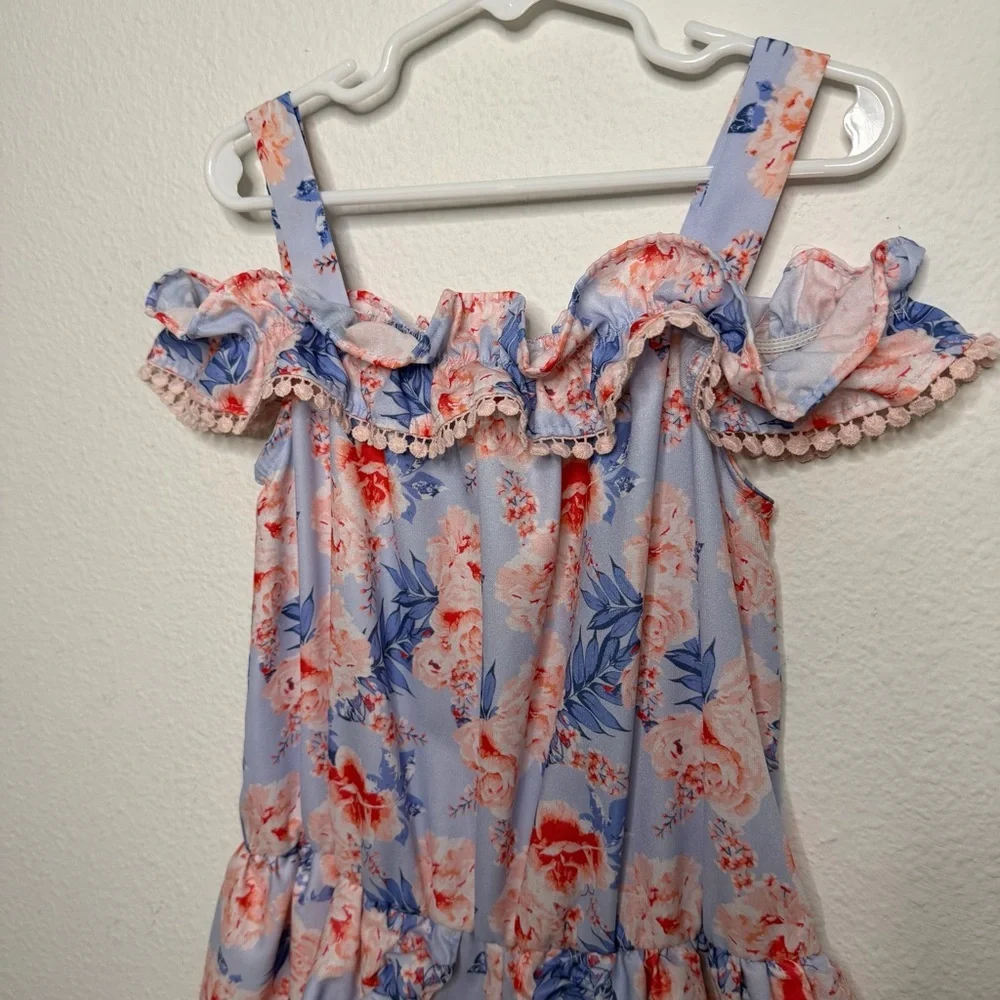 Nicole Miller sleeveless girl cold shoulder ruffle  romper blue pink size 10